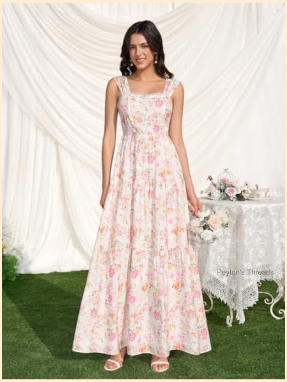 Floral Maxi Dress Lace Up Square Neck Flowy A-Line Wedding Guest Dress - Picture 6 of 7